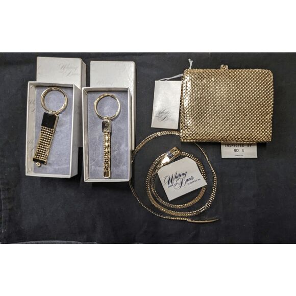 NWT VTGE Whiting Davis Mesh Set Coin Purse Rectangle Tubular Key Chains 34"Belt